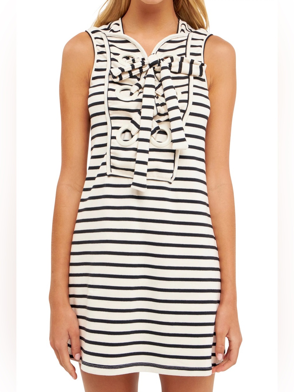 English Factory Black and White Striped Sleeveless Tie-Front Dress